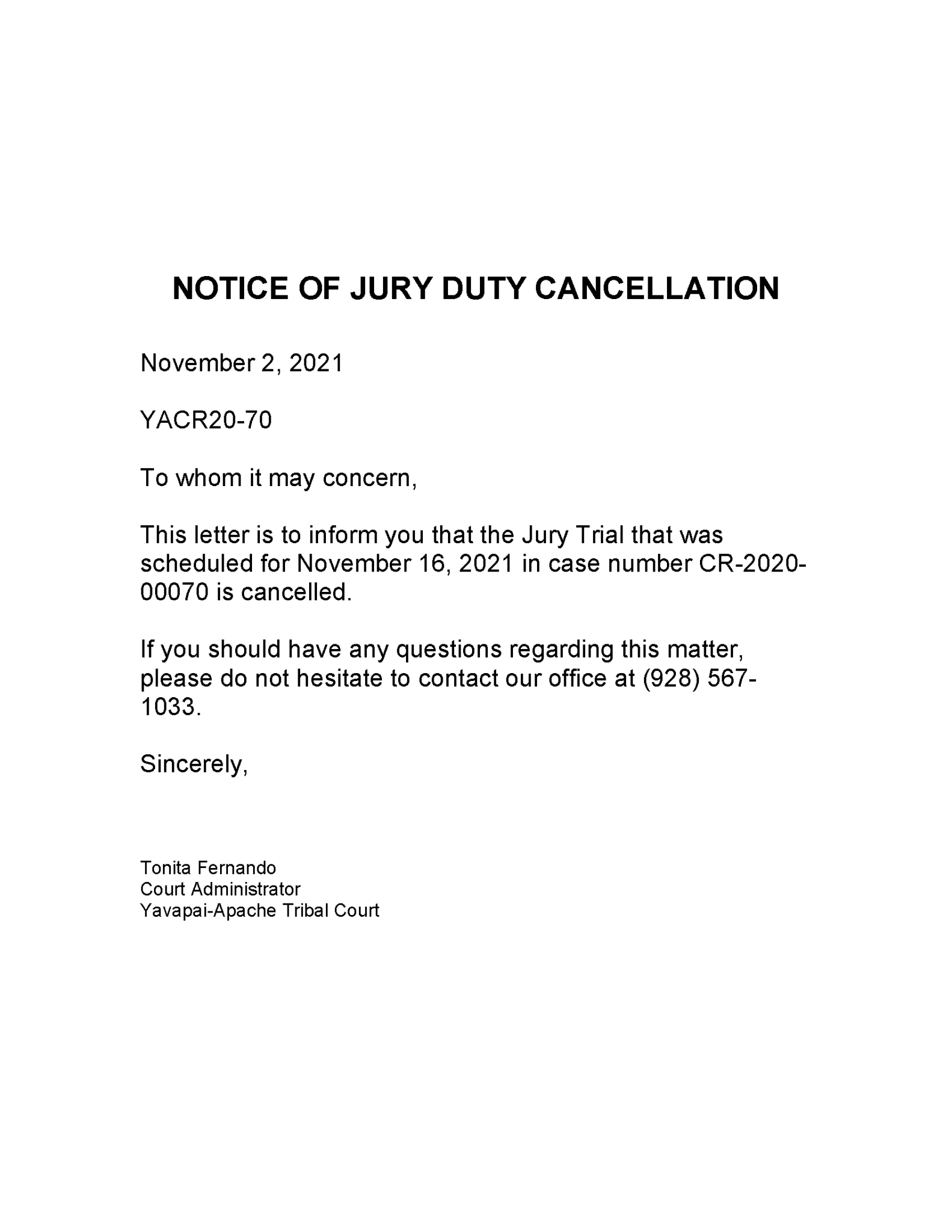 Jury Cancellation Letter 11/16 Yavapai Apache Nation