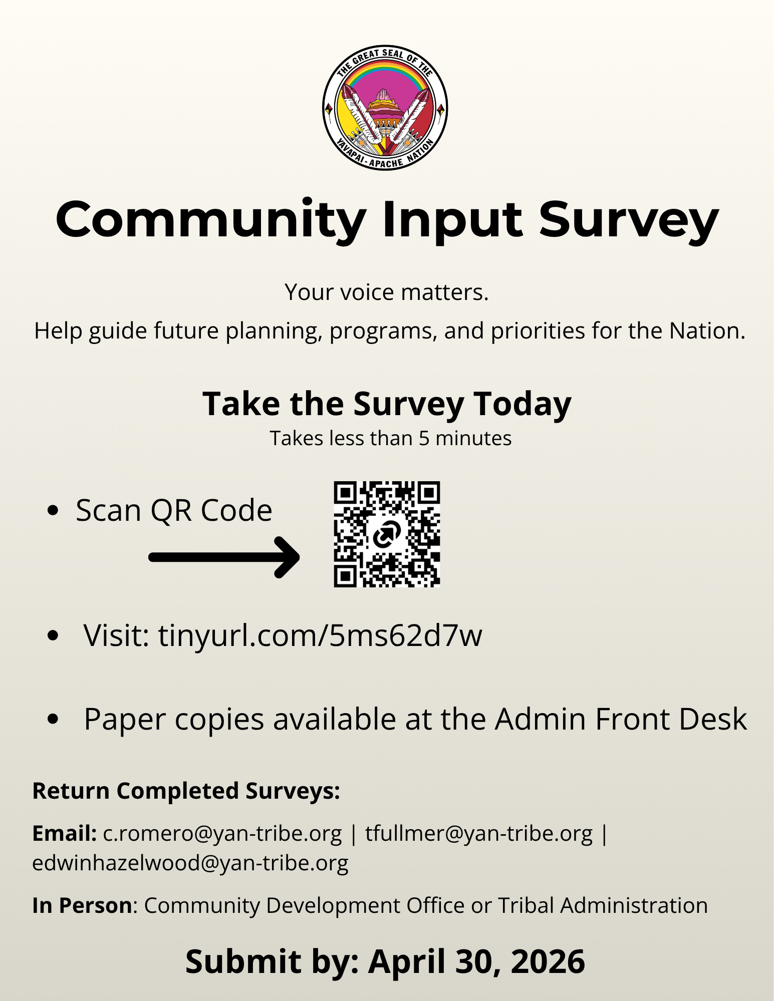 Community Based Input Community Announcement: Community Input Survey – Yavapai-Apache Nation