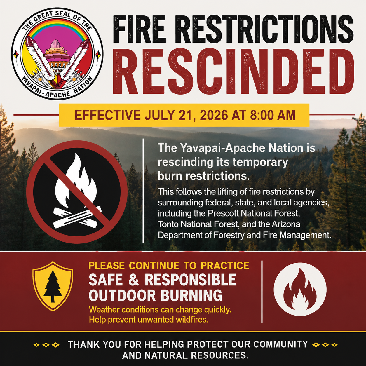 Nation Burn Restrictions Rescinded Effective July 21 – Yavapai